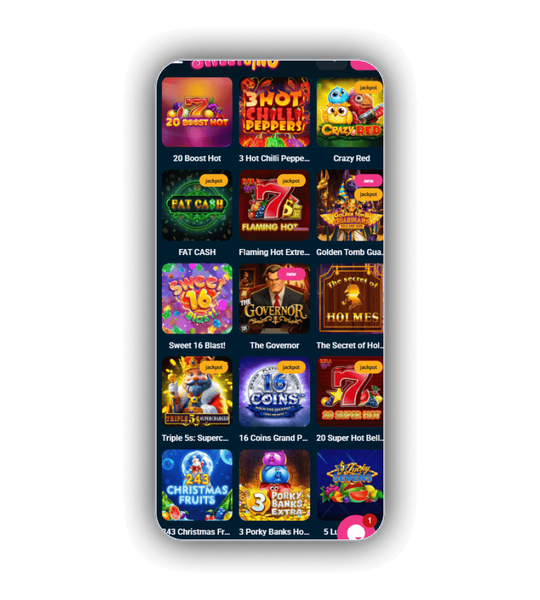 Sweetsino games lobby showing slots, live dealer tables and table games
